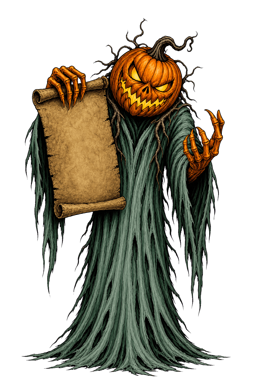 The Creepy Hollow Woods pumpkin man holding an open scroll