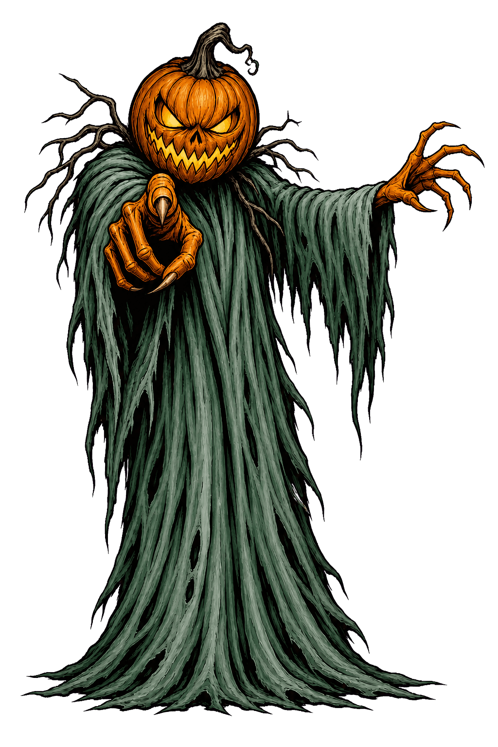 The Creepy Hollow Woods pumpkin man pointing at the viewer